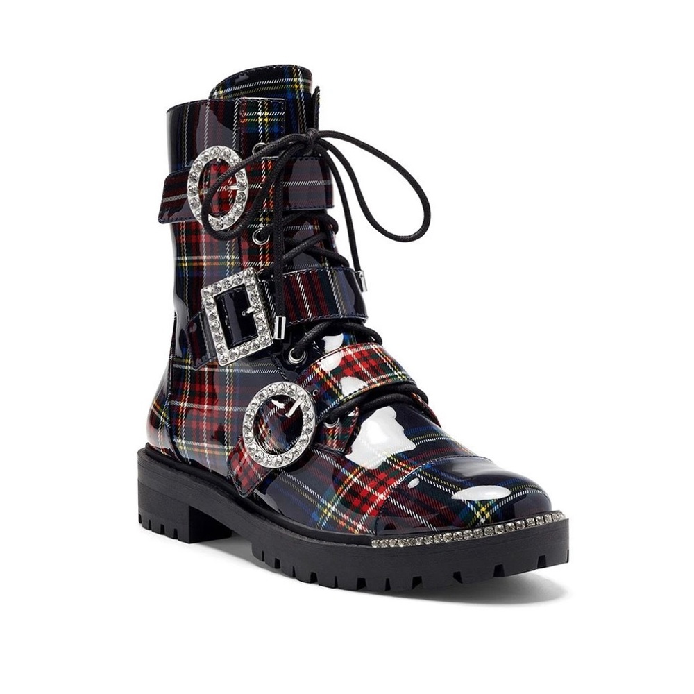Jessica Simpson Plaid Combat Boots - Red, Black, White